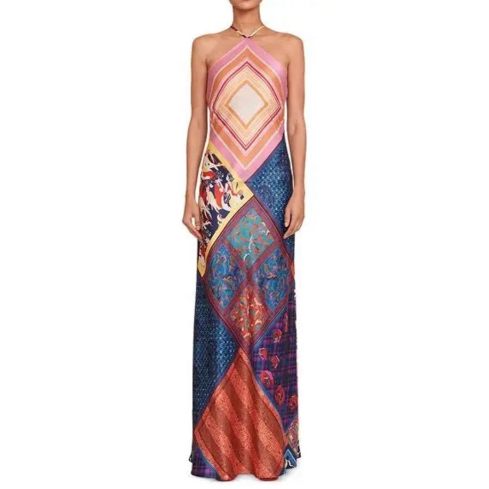 STAUD Cubism Patchwork Print Satin Maxi Dress Halter Sheath Size M